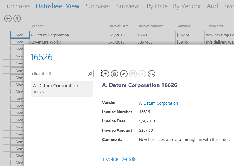 A screen shot of an invoice List Details view displaying one record in pop-up view. The main view beneath the pop-up view is a Datasheet view, where Author clicked the View command button for the first record.