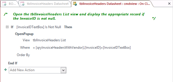 A screen shot of the macro design surface for the On Click event of the cmdView command button. A Comment block, If block, and OpenPopup action are shown. A Where clause expression is also shown for this action.