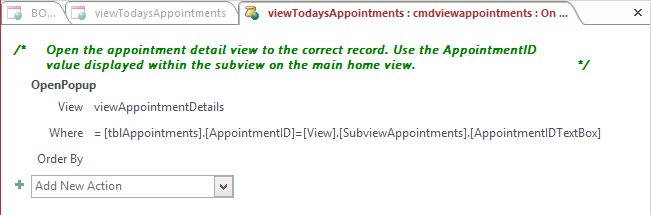 A screen shot of the macro design surface. A Comment block and OpenPopup action are shown. A Where clause expression is also shown for this action, and the Order By argument is empty.