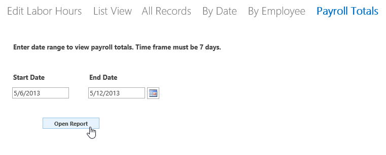 A screen shot of the Payroll Totals view in the BOSS.app sample web app. Author entered dates into two text boxes and has clicked a command button labeled Open Report.