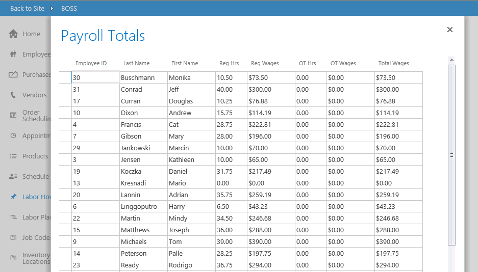 A screen shot of a datasheet pop-up view displayed in a web browser. The records displayed list columns for labor hours, wages, overtime pay, and total wages.