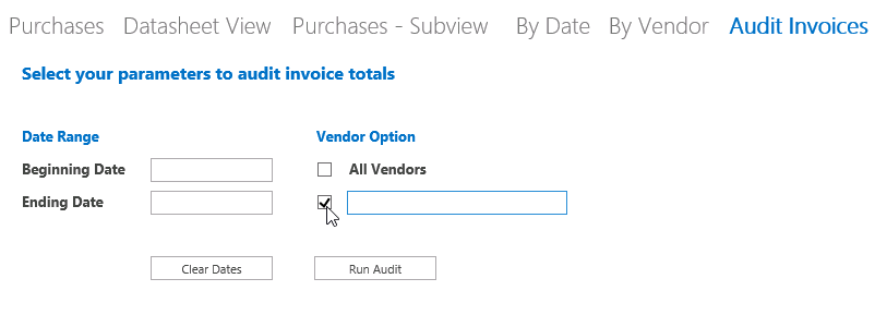 A screen shot of the viewAuditInvoices view open in a web browser. Author selected the second check box, and that action cleared the first check box.