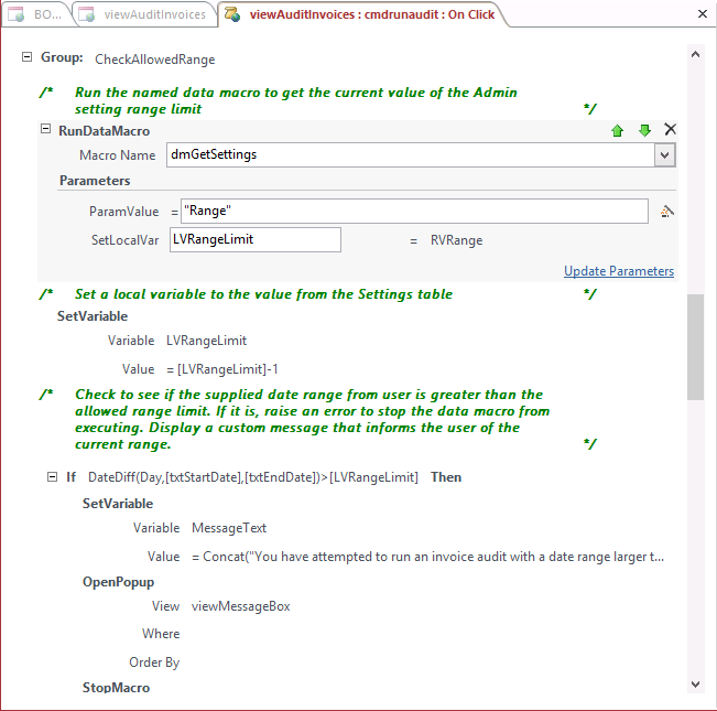 A screen shot of the macro design surface for the cmdRunAudit command button On Click event. A RunDataMacro action is highlighted on the design surface.