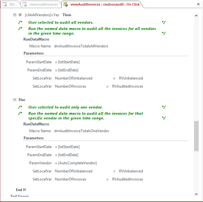 A screen shot of the macro design surface showing more of the logic for the cmdRunAudit command button. Two RunDataMacro actions are shown with parameters and return variables.