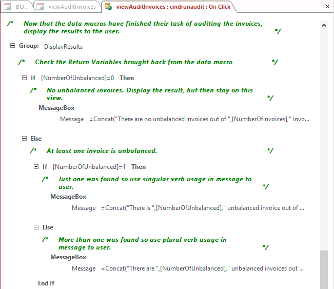 A screen shot of the macro design surface showing more of the logic for the cmdRunAudit command button. An If block testing the value of the NumberOfUnbalanced variable is shown.