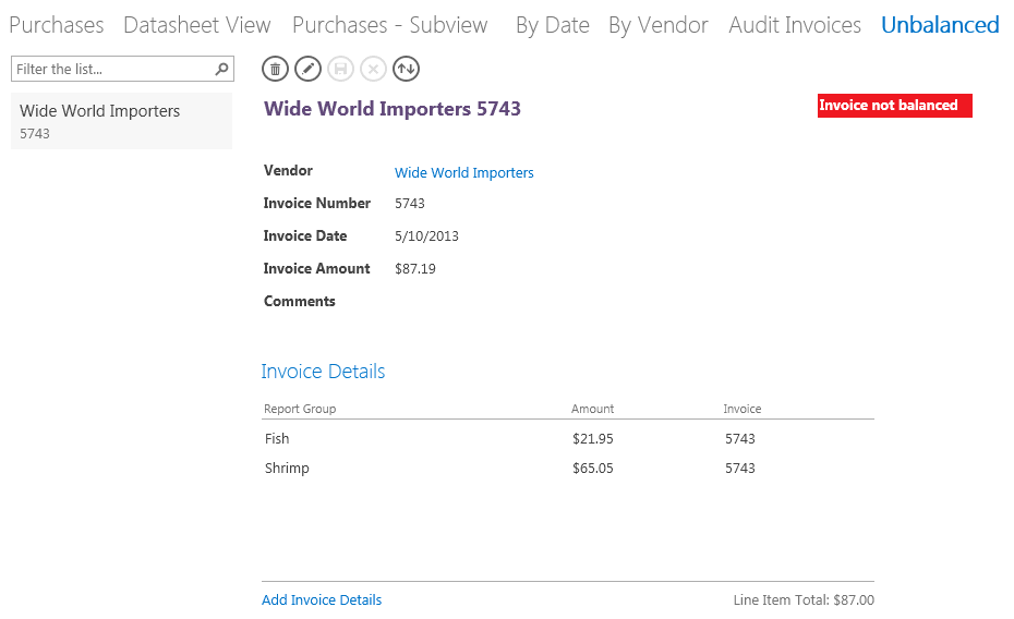 A screen shot of the Unbalanced view displayed in a web browser. The view displays the details for one unbalanced invoice.