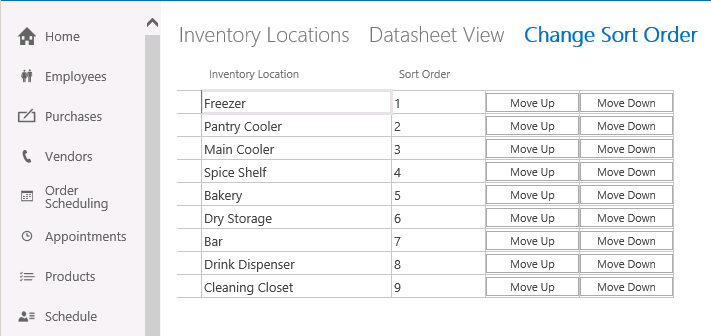 A screen shot of the Change Sort Order view in a web browser. The Datasheet view displays a Sort Order number column and command buttons labeled Move Up and Move Down.