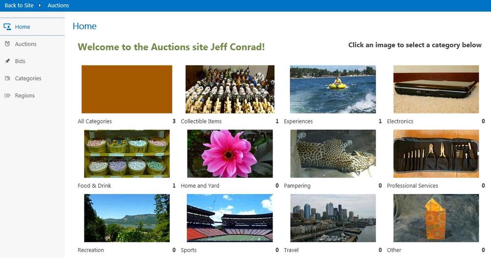 A screen shot of the Home view of the Auctions sample app displayed in a web browser. Twelve pictures are displayed here. Under each picture are category names and numbers.