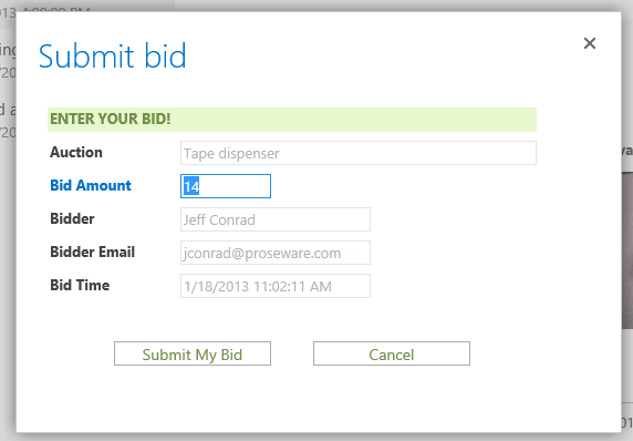 A screen shot of the Submit Bid pop-up view of the Auctions sample app displayed in a web browser. The Bid Amount field is highlighted and contains a bid amount.