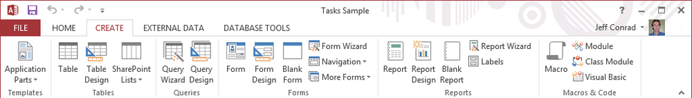 A screen shot of the Create ribbon tab. Commands are grouped under Templates, Tables, Queries, Forms, Reports, and Macros & Code.