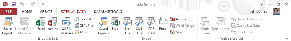 A screen shot of the External Data ribbon tab. Commands are grouped under Import & Link, Export, and Web Linked Lists.