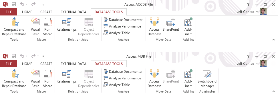 A screen shot of the Database Tools ribbon tab for both .accdb and .mdb databases. Commands are grouped under Tools, Macro, Relationships, Analyze, Move Data, Add-Ins, and Administer.