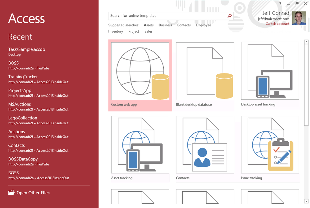 A screen shot of the Office Start screen in Access. This screen contains a list of many web app templates, desktop database templates, and buttons to create blank databases and blank web apps.