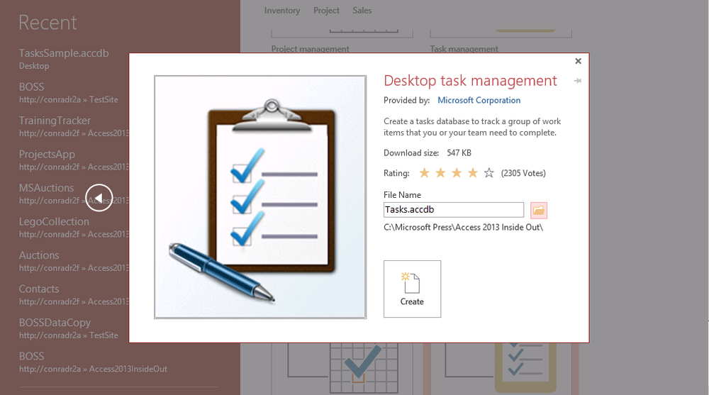 A screen shot of a dialog in Access that can create a Task Management desktop database from a template file. A preview graphic of the database is shown, and Tasks.accdb is displayed in the File Name box.