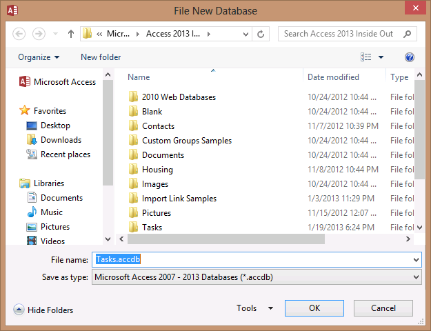 A screen shot of the File New Database dialog box. A list of directories is on the left, and a list of folders is on the right.