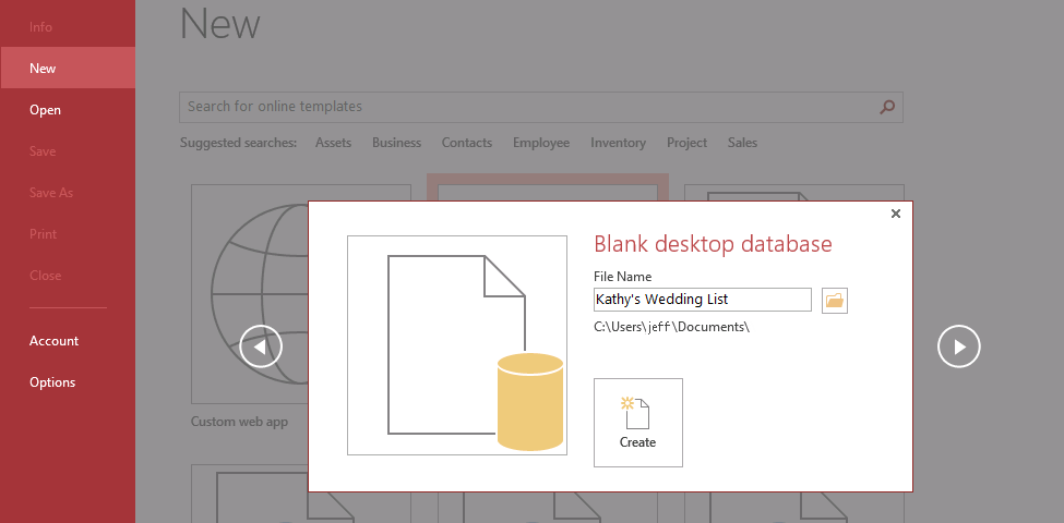 A screen shot of the Blank Desktop Database dialog box. A preview graphic is on the left. A File Name box is provided, and author has entered a name for the new database.