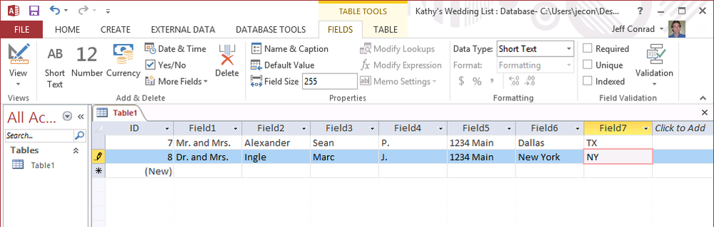 A screen shot of a table object opened in Datasheet view. Author entered data about wedding invitees into seven new field columns. Author completed two new records for the table.