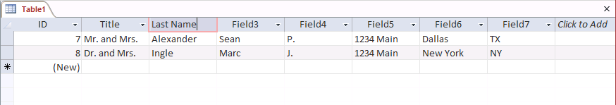 A screen shot of Table1 in Datasheet view. Author has typed Last Name into the third column header.