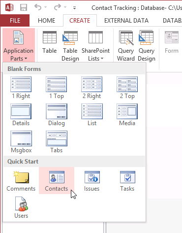 A screen shot of the options shown in the Application Parts menu. Ten icons are shown under the Blank Forms heading, and five icons are shown under the Quick Start heading. Author is clicking the Contacts option under Quick Start.