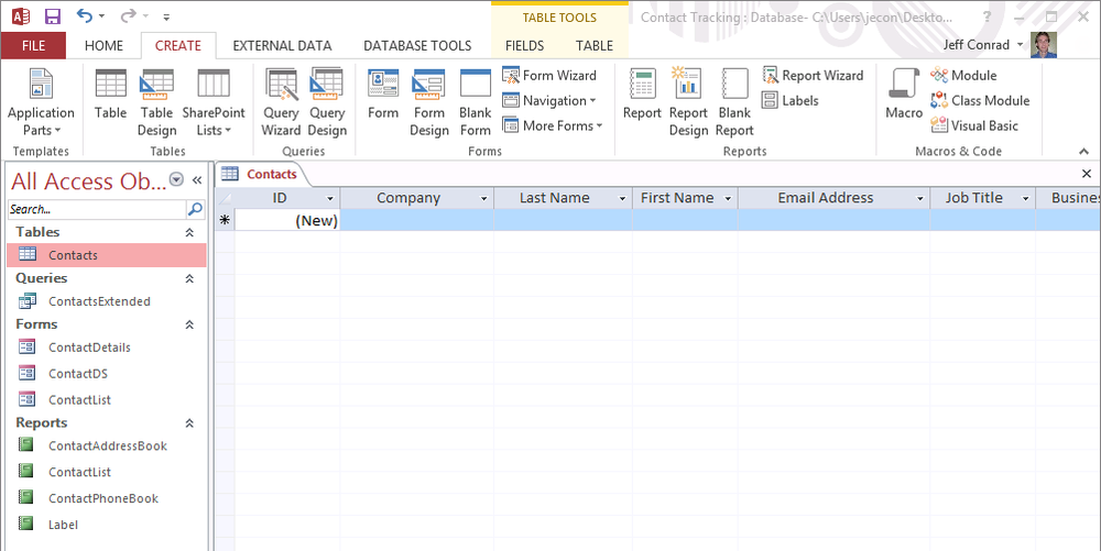 A screen shot of the Access application window after clicking the Contacts application part. A Contacts table is open in Datasheet view with defined fields. Nine objects are listed in the Navigation pane.