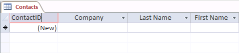 A screen shot of the Contacts table open in Datasheet view. Author has entered ContactID into the column header for the first column.