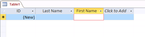 A screen shot of a new table in Datasheet view. Three fields are displayed with no data: ID, Last Name, and First Name.