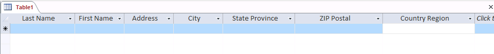 A screen shot of a new table in Datasheet view. Five more fields are now displayed to the right of the three fields added previously.