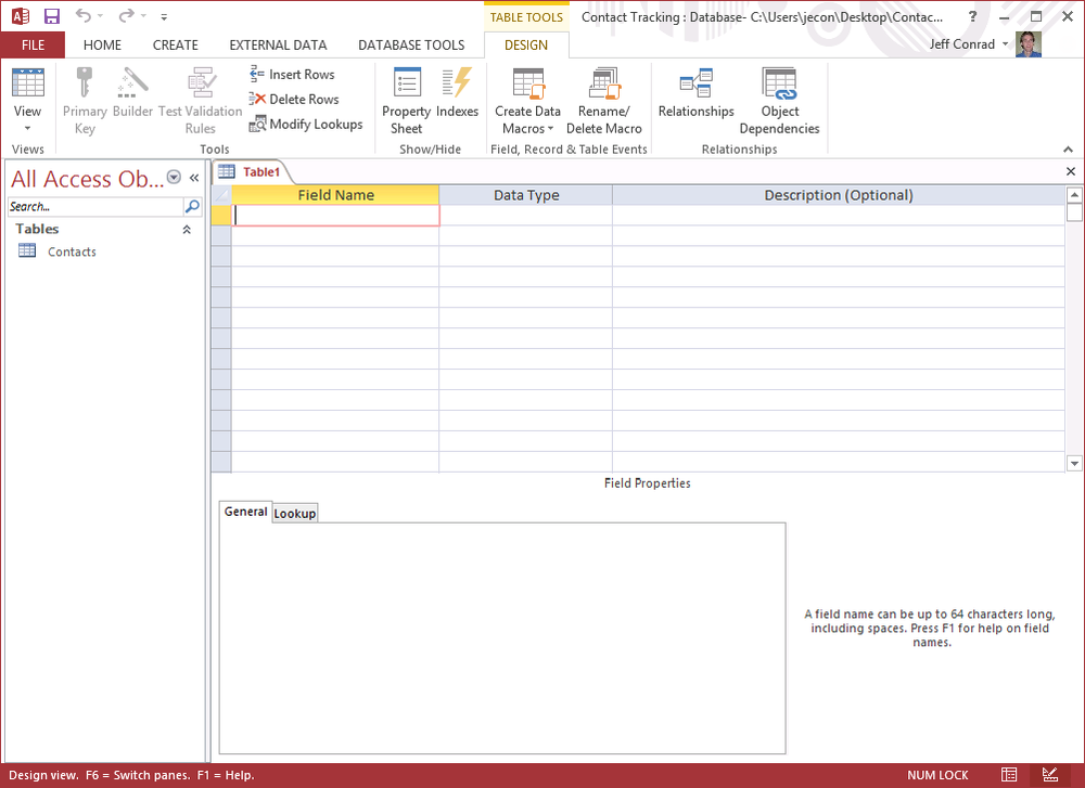 A screen shot of a new table opened in Design view. The upper part shows three columns: Field Name, Data Type, and Description (Optional).