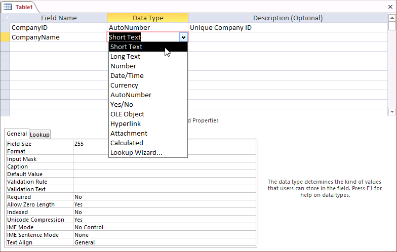 A screen shot of a new table open in Design view. The drop-down list of Data Types is shown here. Twelve options are listed in the drop-down list.