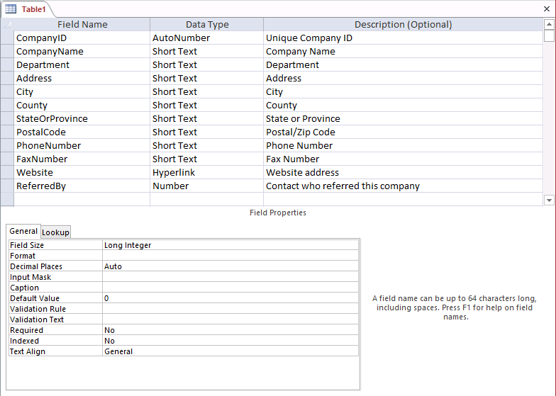 A screen shot of a new table in Design view. New field names, data types, and descriptions are defined for twelve fields.