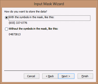 A screen shot of the third page of the Input Mask Wizard. Author has selected the first of two options displayed. The first option stores the formatting characters, and the second does not store the characters.