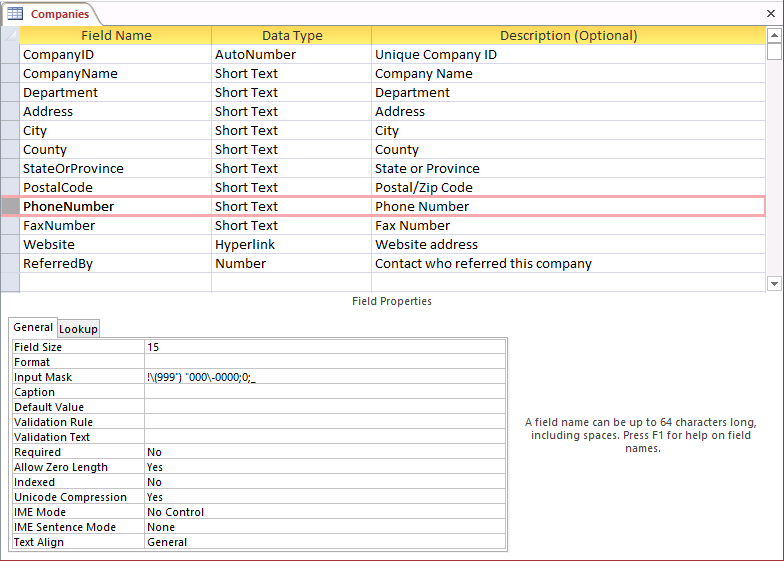 A screen shot of the Companies table in Design view. The Input Mask property for the PhoneNumber field now displays the completed input mask.