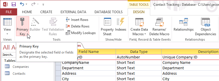 A screen shot of the Companies table in Design view. Author highlighted the CompanyID row and clicked the Primary Key button in the Tools group on the ribbon.