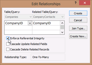 A screen shot of the Edit Relationships dialog box. The list on the left displays the CompanyID field from the Companies table, and the list on the right displays the CompanyID field from the CompanyContacts table. Author has selected the Enforce Referential Integrity option.