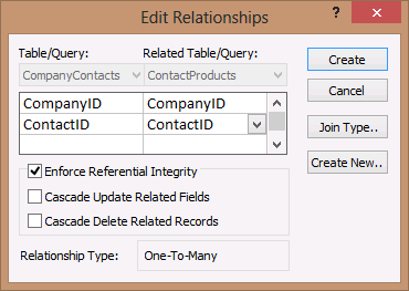 A screen shot of the Edit Relationships dialog box. The list on the left displays the CompanyID and ContactID fields from the CompanyContacts table, and the list on the right displays the CompanyID and ContactID fields from the ContactProducts table. The Enforce Referential Integrity option is selected.