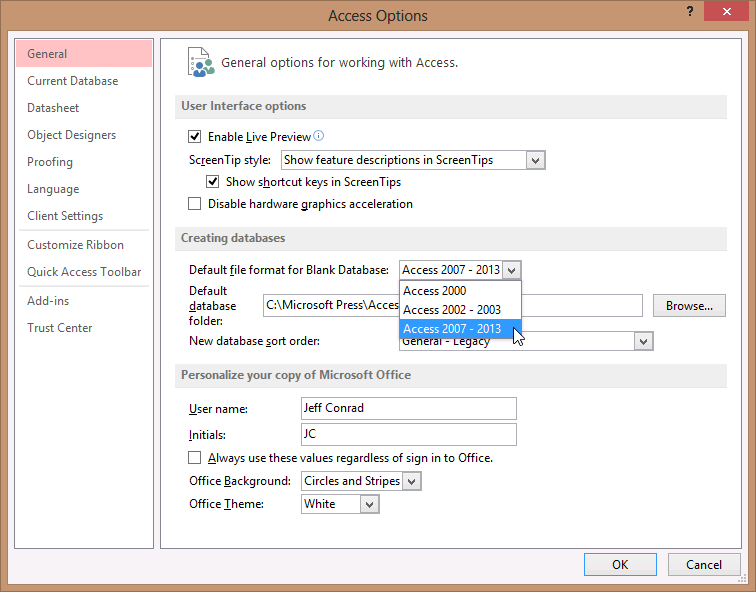 A screen shot of the General category of the Access Options dialog box. Author has selected Access 2007-2013 for the Default File Format For Blank Database option.