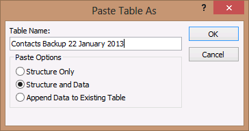 A screen shot of the Paste Table As dialog box. Author has entered a name for the backup copy of the table in the Table Name box.