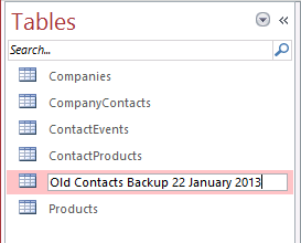 A screen shot of the Navigation pane. Author is renaming the Contacts table to a new name.