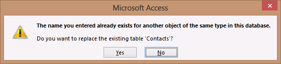 A screen shot of a confirmation dialog box. The message asks you to confirm replacing the existing Contacts table.