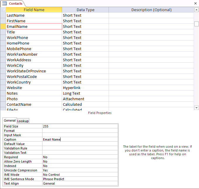 A screen shot of the Contacts table open in Design view. Author renamed several existing fields and changed their Caption property text.