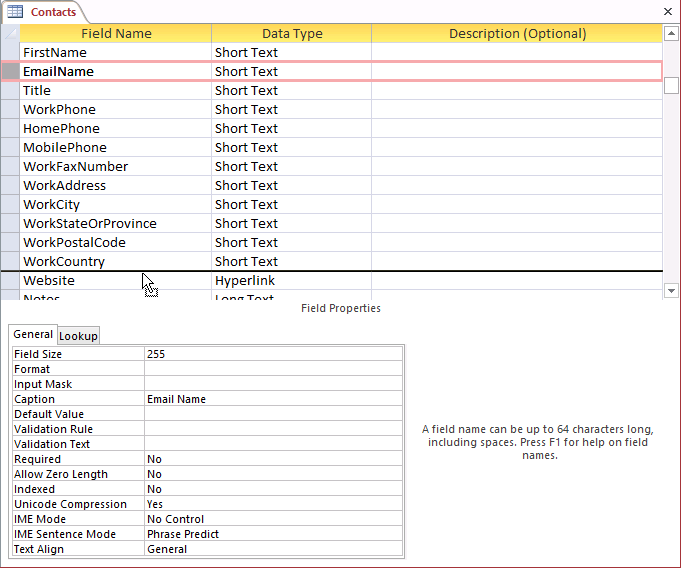 A screen shot of the Contacts table open in Design view. Author selected the EmailName row and is dragging the row between the WorkCountry and Website rows.