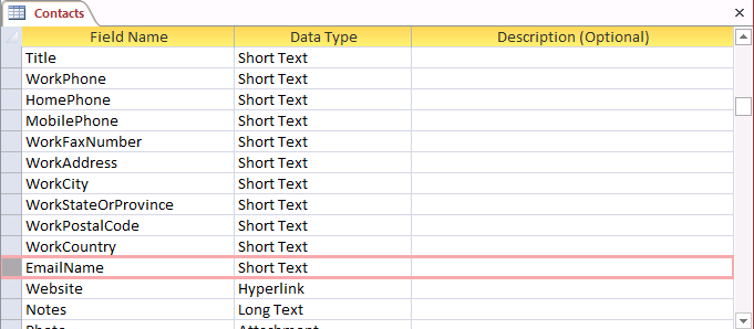 A screen shot of the Contacts table open in Design view. The EmailName row is now beneath the WorkCountry row and above the Website row.