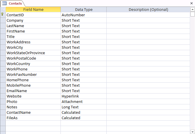 A screen shot of the Contacts table open in Design view. Several fields have been moved to different positions in the display order.