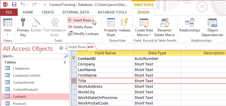 A screen shot of the Contacts table open in Design view. Author selected the Title field row and has clicked the Insert Rows command in the ribbon.