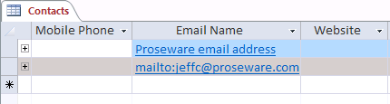 A screen shot of the Contacts table open in datasheet view. Two records are displayed with data in the EmailName field. The second row data displays the mailto: prefix before an email address.