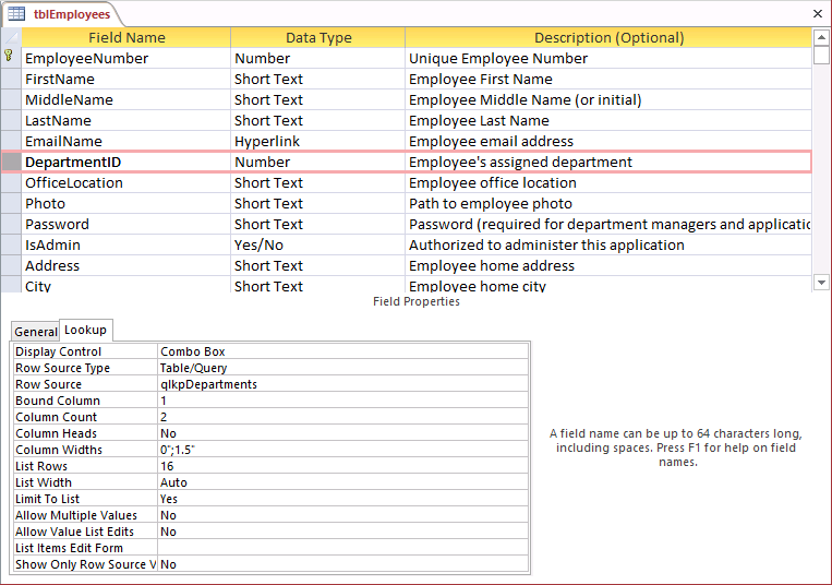 A screen shot of the tblEmployees table in the Housing.accdb sample file open in Design view. DepartmentID field is selected, and the Lookup tab field properties are displayed.