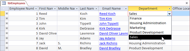 A screen shot of the tblEmployees table open in Datasheet view. Author clicked the down arrow in the combo box control for the Department field. A drop-down list of five options is shown, and Author has selected Sales.