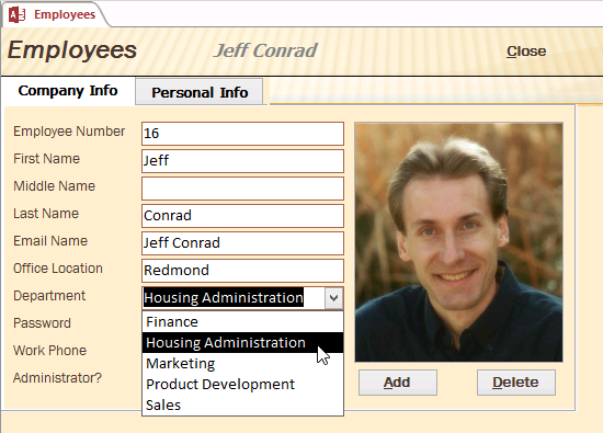 A screen shot of the frmEmployeesPlain object open in Form view. Author has clicked the combo box for the Department field, and the same five options are displayed here.