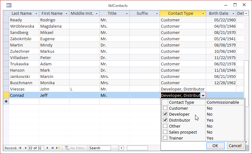 A screen shot of the tblContacts table in the Contacts.accdb sample file open in Datasheet view. Author clicked the Contact Type field, and a drop-down list appears with two columns. Next to the first column, Contact Type, are check boxes.