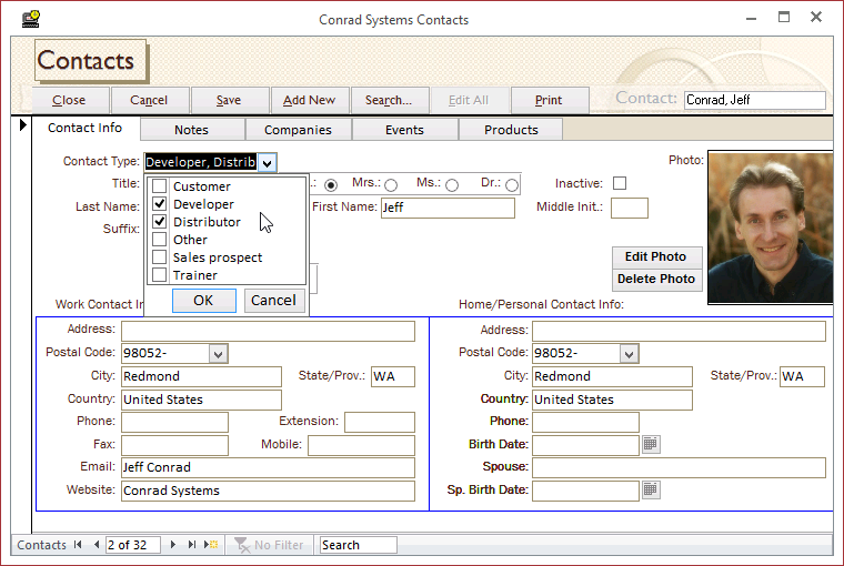 A screen shot of the frmContactsPlain form open in Form view. Author clicked the arrow for the Contact Type form control, and a drop-down list appears. Check boxes are displayed next to each option in the drop-down list.